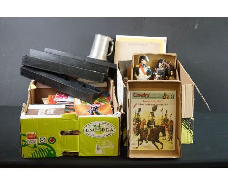 Two Trays of Mixed Items including Ceramic Figures, Toys, Comics, Mah-jong Stands, etc 