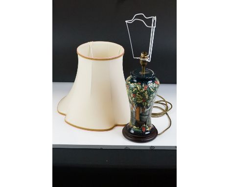 Moorcroft Pottery Table Lamp decorated in the Holly Hatch pattern designed by Philip Gibson, 37cm high including fitting, wit