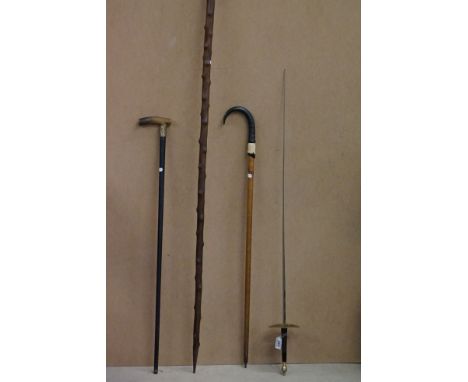 Three antique / vintage walking sticks to include an early 20th century horn-handled example with 'F Hilser Trowbridge Aug 19
