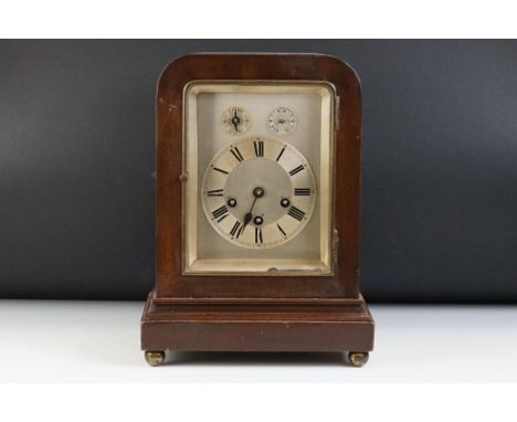 Early 20th Century Mahogany Cased Westminster Chiming Mantel Clock with silvered dial, subsidiary chime/silent &amp; slow/fas