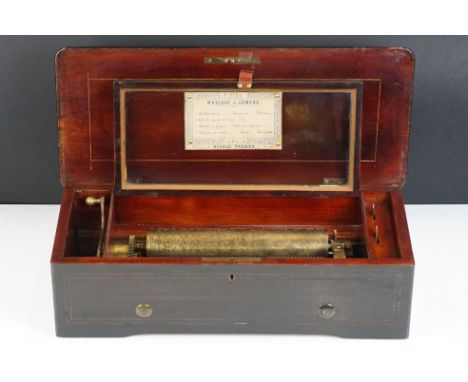 Nicole Freres 19th century 4-airs music box, housed within a rosewood case with MOP inlay to lid, the hinged lid bearing card