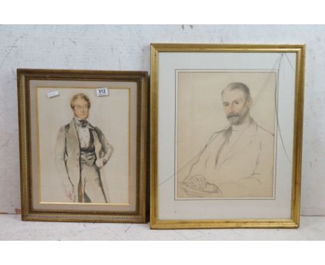 Watercolour Three Quarter Length Portrait of a 19th century Gentleman, 41cm x 32cm together with  unfinished pencil portrait 