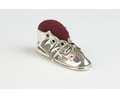 Silver Shoe Pincushion with Ruby cabochon 