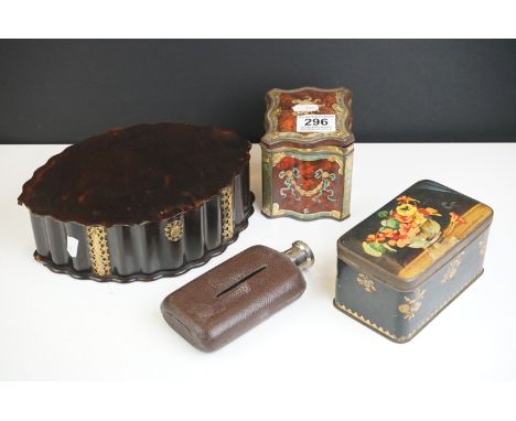 An early to mid 20th century faux tortoiseshell jewellery box together with two vintage tins and a leather covered hip flask.