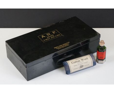 WW2 ARP Wardens First Aid Case by Boots Pure Drug Co Ltd, containing a quantity of vintage medical supplies to include bandag