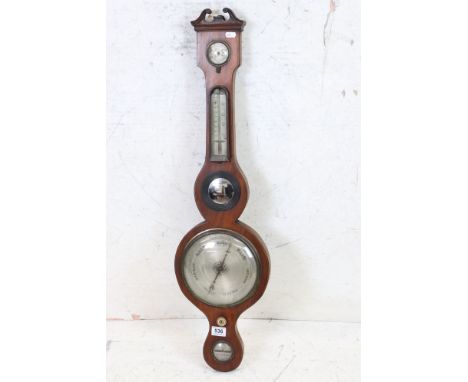 19th century Mahogany Wheel Barometer with hygrometer, thermometer, convex mirror and spirit bubble, marked Rogg of Salisbury