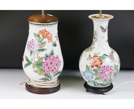 20th Century Chinese Famille Rose baluster vase converted to a table lamp, decorated with flowers, birds and butterflies, on 