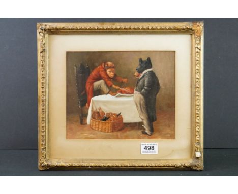 Oil on Board a Satirical Portrait of a Bear and a Monkey enjoying a feast 