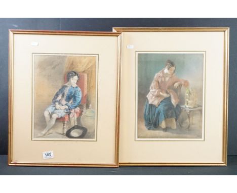 Pastel of a Seated 19th century Lady with a parrot sat on a bird cage, indistinctly signed lower left, 32cm x 24cm, together 