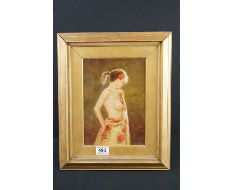 Gilt framed Oil Painting Portrait of a Semi Clad Nude Female 