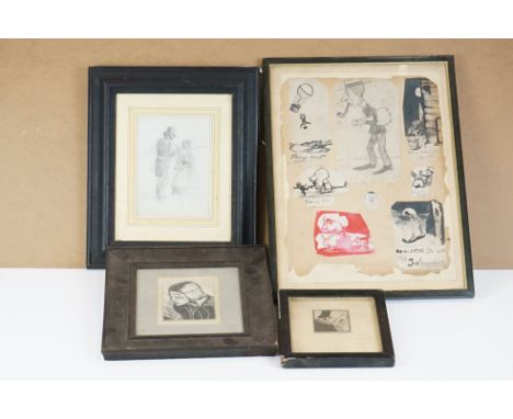 Circle of George Cruikshanks - Pencil Portrait together with a group of Pen Caricature Cartoons and two Woodblocks by Tom O H