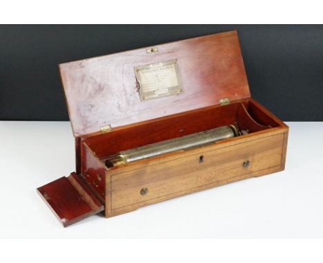 Nicole Freres 19th century walnut music box, the hinged lid bearing card label detailing the six airs played, opens to reveal
