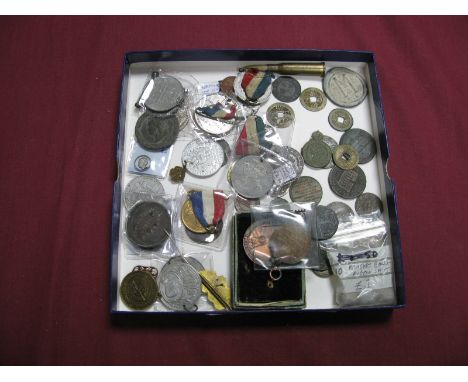 A Collection of Coins, Medallions, Badges, to include Napoleon III One Centime 1855, Jetton (drilled), John Wilkinson Token 1