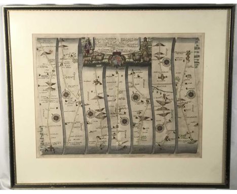 Antique hand coloured engraved road map 'The Roads From London', by John Ogilby, 35cm x 46cm, in glazed frame