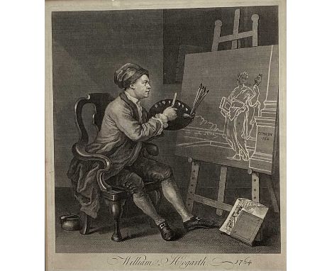 After William Hogarth, engraving of the artist painting the comic muse his last self portrait dated 1764 in glazed frame reta