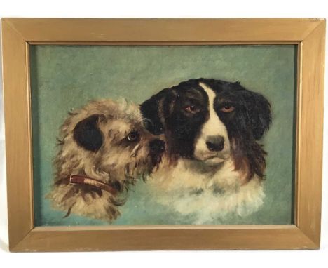 Late Victorian oil on canvas S E Schofield - portrait of two dogs, signed (to the dog collar), 28 x 39cm, framed