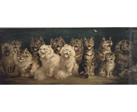 A Cats Chorus, after Louis Wain, coloured Edwardian Print, 41cm x 97cm, in glazed frame