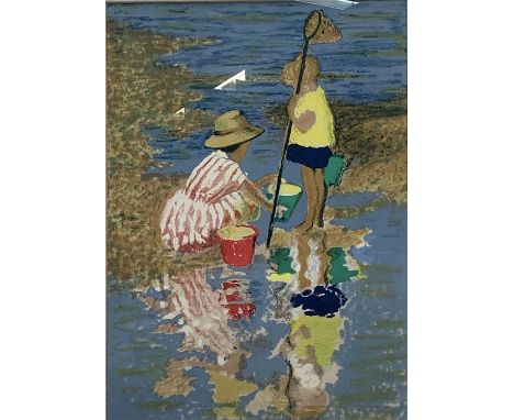Charles James McCall (1907-1989) coloured lithograph - Children on the Shore, 53cm x 38cm, in glazed frame