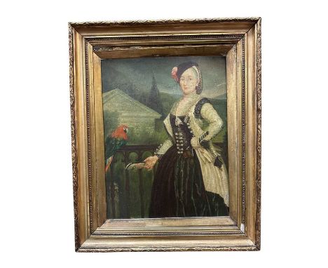 Early 20th century English School, oil on board with printed element, Surrealist portrait with parrot, inscribed verso, 46 x 