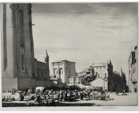 Malcolm Osborne (1880-1963) etching and aquatint, The goose fair at Albi, signed and titled, 26 x 35cm, glazed frame