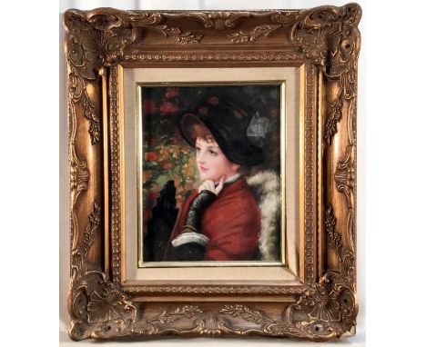 After James Tissot, portrait painting of a young woman, 24cm x 19cm, in gilt frame