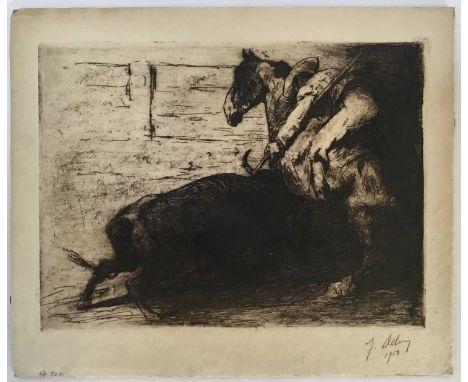 Jean Joseph Delvin (1852-1933) etching - Bullfight, signed and dated 1918, plate 18 x 24cm, mounted on card