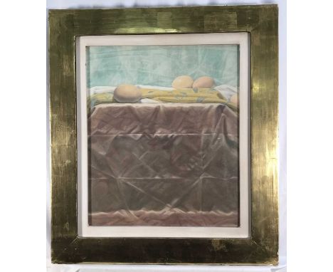 20th Century Oil on board still life - three eggs on a tablecloth, indistinctly signed. 48cm x 41cm