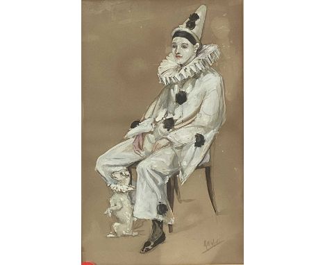 English School, contemporary, pencil and gouache - Portrait of Pierrot, indistinctly signed, 53cm x 33cm, in glazed frame