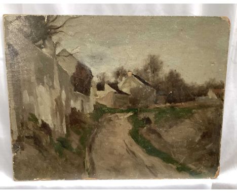 Joseph Paul Meslé, 1855-1929. 19th century or early 20th century plein air impressionist oil on board, village scene with hou