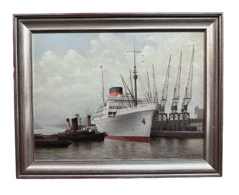 H.C. Robinson, oil on board, first half 20th century, Steamer and Tug in the Docks, signed, 30cm x 39cm, framed