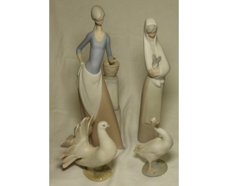 LLADRO LADY WITH BASKET, FIGURE WITH RABBIT, DUCK & GDR FANTAIL DOVE   