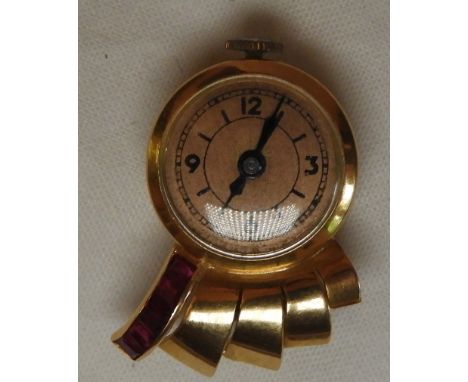 GOLD 750  & RUBY BROOCH WATCH   