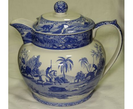 SPODE ITALIAN HUNTING PATTERN OVERSIZED BLUE & WHITE TEAPOT 14'HX13'D   