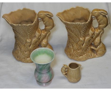 2 SYLVAC RABBIT JUGS 1978, SQUIRREL JUG 1993 & VASE 676   