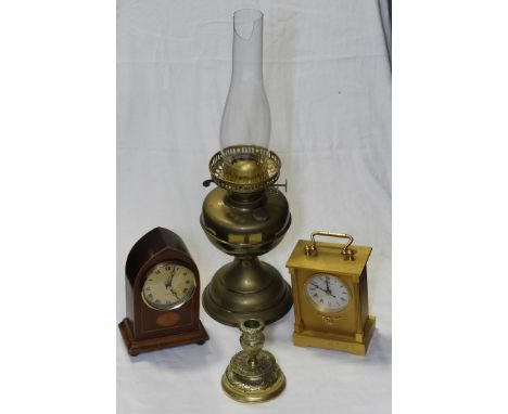 COPPER OIL LAMP, CHAMBERSTICK, CANDLESTICK & 2 MODERN CLOCKS  