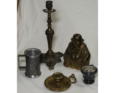 BUDDAH, COLIBRI TABLE LIGHTER, TANKARD & 2 CANDLESTICKS   