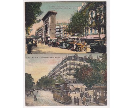 France/Paris - Two early colour cards - Boulevard Saint Michel with LES HALLES TRAM and a good deal of activity, another St. 