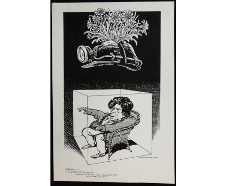 William ""Bill"" Hewison, original cartoon, Stages, Cottesloe Theatre, The Times 19 Nov 1992, Alan Bates, 14.5"" x 8.5"" Prov