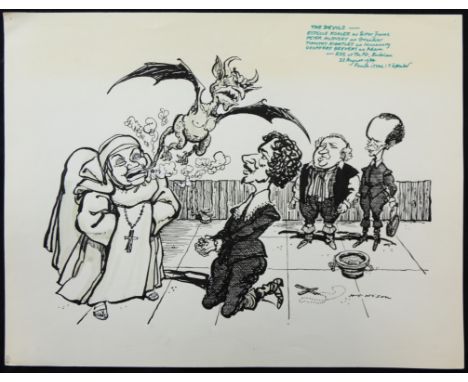 William ""Bill"" Hewison, original cartoon, The devils RSC The Pit Barbican, Punch 5 Sept 1984, Estelle Kohler, Peter McEnery