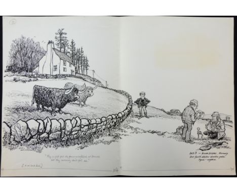 William ""Bill"" Hewison, group of 4 original cartoons of Scottish interest, ""The oil rush"", Day 1 Inverness we test the eq
