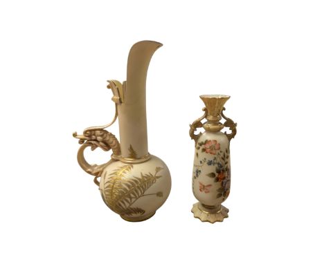 Royal Worcester blush ivory dragon handled ewer, no. 1026, decorated with gilt foliate detail, together with a Royal Worceste