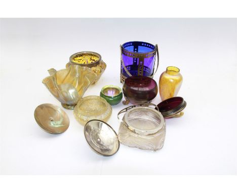 Collection of Austrian Art Nouveau iridescent glassware and similar, including handkerchief vase with pearlescent lustre, lid