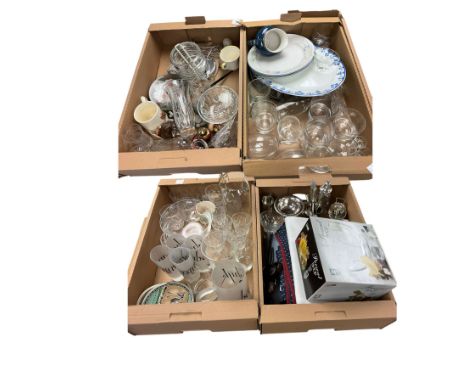 Collection of glassware, including ice bucket, jug and matching glass, together with Denby jug, silver plate etc, in four box