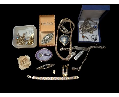 9ct gold heart padlock clasp, silver jewellery, including two ingots, ID bracelet, rings, necklaces, etc and costume jeweller