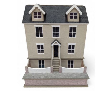 1:24 scale four-storey dolls house, with glazed four panel windows and porch, grey tiled roof, brick effect exterior and ston