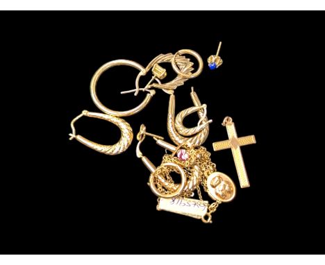 9ct gold jewellery, including teddy bear locket, pair of hoop earrings, cross pendant, single earrings, etcCondition Report:S