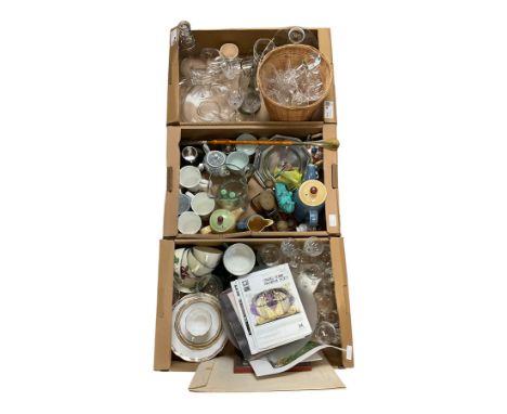 Emma Bridgewater cup, together with Poole pottery cups and saucers, glass decanters, letter scales etc in three boxes  