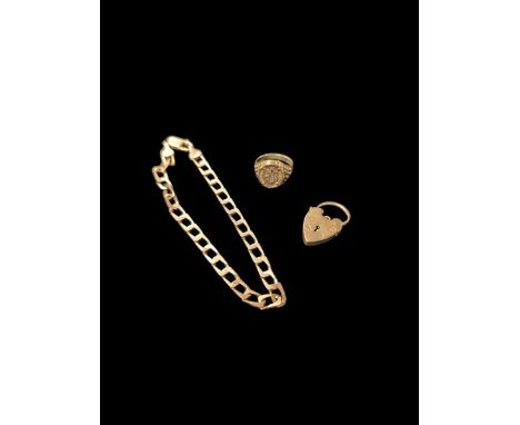 9ct gold jewellery, comprising coin ring, flattened link bracelet and a heart padlock claspCondition Report:Approx 11.1 grams