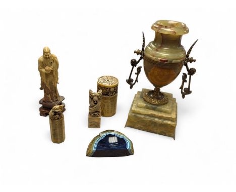 Chinese hardstone figure and three Chinese hardstone wax seals, together with an agate dish and an onyx clock urn, urn H25cm