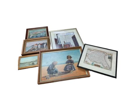 Collection of oil paintings, including landscapes coastal town, together with map and Lowery print 